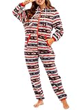 nicticsi Combinaison Pyjama en Polaire Femme Vêtement de Nuit Flanelle Jumpsuit à Capuche avec Fermeture Éclair Une Pièce Hiver Chaude pour Noël Style I L