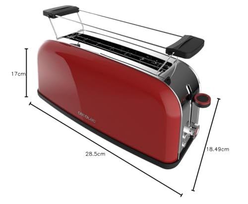 Cecotec Grille-pain Vertical 1 Fente Longue Toastin' time 850 Red Long. 850 W, 2 Tranches de Pain, Fente Large de 3,8 cm, Support pour Pains et Tiroir Ramasse-miettes, Acier Inoxydable, Rouge