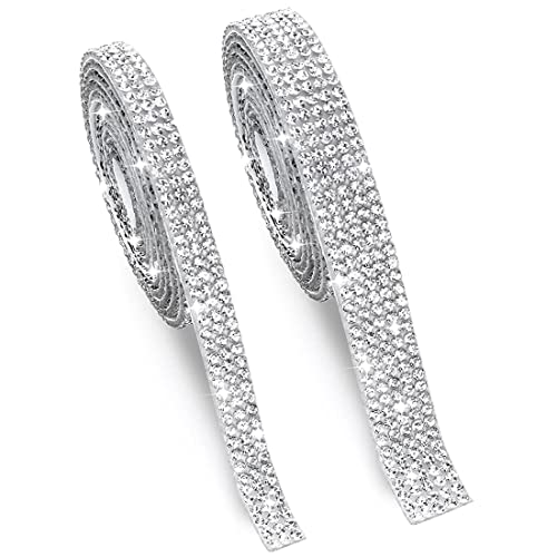 YYeglkas 2 Rouleaux Argent Blanc Résine Strass Diamant Ruban Bandes Auto-Adhésif Cristal Bling Accueil Accessoires Photo Autocollants sur Gemmes Paillettes Papier Peint pour Vêtements Fêtes Cover