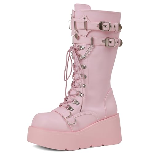 Yremael Womens Pink Platform Boots Wedge Combat Gothic Chunky Heel Lace Up Mid Calf Punk Motorcycle Shoes