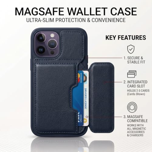 Image of amazon basics Luxury Vegan Leather Back Cover for iPhone 14 Pro | Built-in Card Holder Slot | Integrated Mobile Stand | Slim Shockproof Protective Case with Stitched Finish - Blue