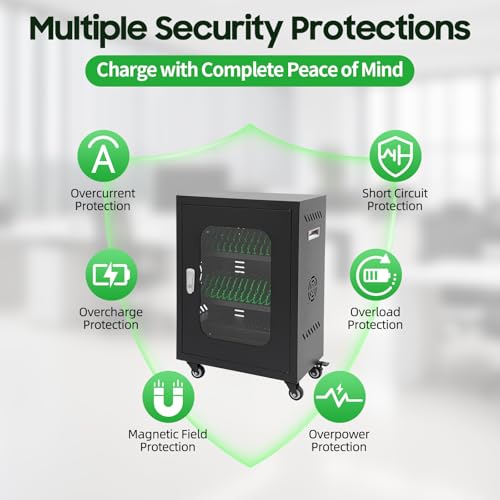 Image of 30 Slots Cell Phones Charging Station, Rechargeable Cellphone Locker Storage Charging Station, Mobile Charging Cart with Charging Ports, Wheels & Combination Lock (Black)