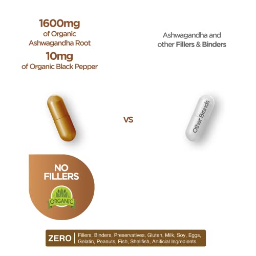 Certified Organic Ashwagandha 1600 Mg With Black Pepper Supplement - 120 Vegan Capsules - Stress, Mood, Energy And Thyroid Support Supplement - Non-Gmo Gluten-Free Pills By Balance Breens #TOP3