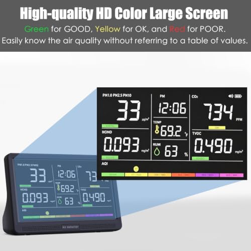Image of Professional Indoor Air Quality Monitor with 7X AQI Beep Alarms,16 in 1 Portable Real-Time Detector for PM2.5 | PM10 | CO2 | TVOC | HCHO | Temp | Hum for Home Cars Plants Pets (Smoke Black)