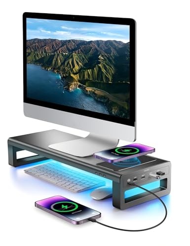 Vaydeer USB 3.0 Wireless Charging Monitor Stand Aluminum Monitor Stand Riser Supports Data Transfer and Charging, Metal Monitor Stand Support up to 32 Inches for PC, Laptop - Black
