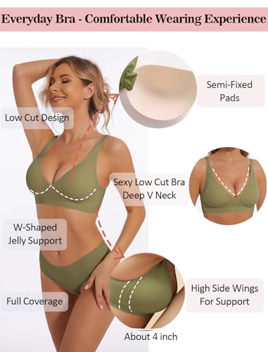 Image of Deep V Bra Wireless Sexy Push Up Bralette Padded Seamless Jelly Bra | Low Cut Plunge V-Neck, Wide Straps, Back Smoothing, Bras for Women No Underwire, Soft Comfortable Bralettes