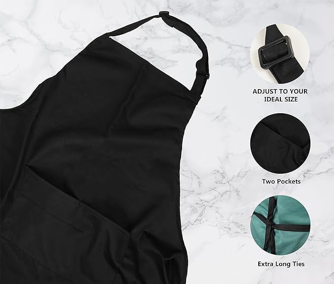 Miniatura 4 de Delantal con peto ajustable, paquete de 2 delantales unisex para hombre, delantales negros con bolsillos