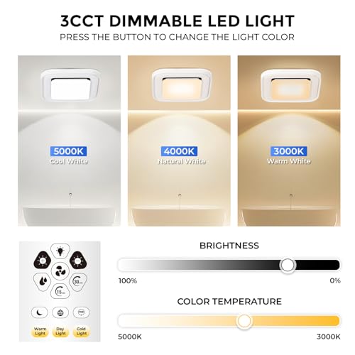 Image of Akicon Bathroom Exhaust Fan with RGB LED Light, 110 CFM 1.5 Sone Ultra Quiet Bathroom Vent Fan for Ceiling, 3CCT Dimmable Light & Nightlight, Remote Control, Square (White)