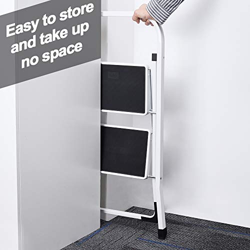 Delxo 2 Step Stool,2 Step Folding Step Stool with Handgrip, Lightweight But Heavy Duty 2 Step Ladder Multi-Use for Household, Kitchen and Office Portable 2 Step Steel Ladder 330lbs White (2 Feet)