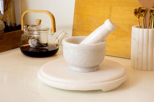 Image of Marble Mortar and Pestle | Imam Dasta, Kundi, Kharal, Okhli, khalbatta (White 5 Inches)