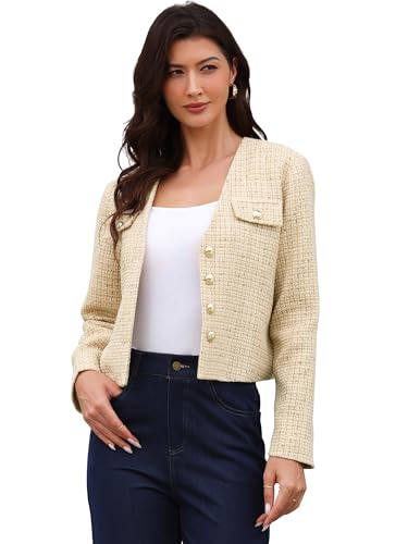 Blazer en tweed pour femme pour structurer une tenue professionnelle sans col rigide