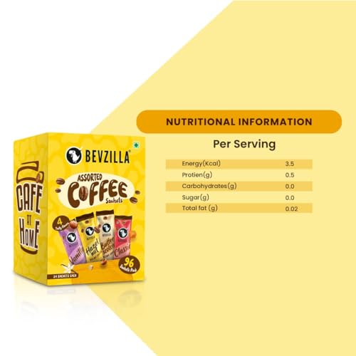 Image of Bevzilla 96 Instant Coffee Powder Sachets(4 Flavours) - 192 Grams | Hazelnut, Classic, Vanilla & Butterscotch | 24 pouches Each Flavour | Arabica Coffee | for Espresso, Latte,Cappuccino | Hot & Cold Brews