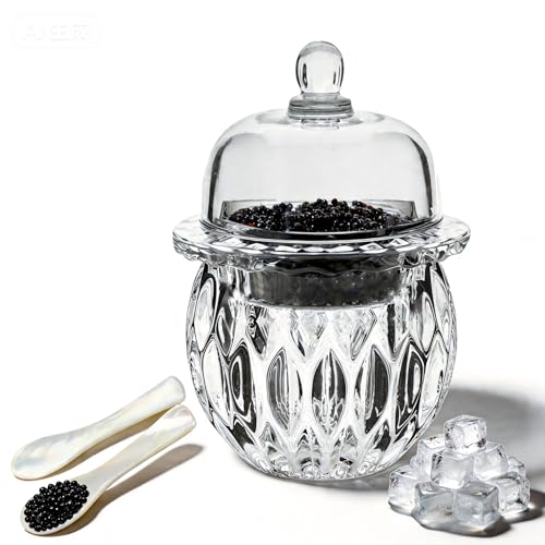 GCFTIFF Caviar Server Set,Chilled bowl Glass Caviar Dish With Lids,ice