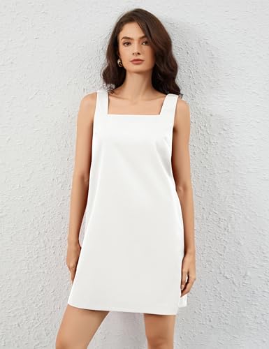 Image of Summer Linen Mini Dress for Women Sleeveless Square Neck Tank Shift Dresses Causal Backless Solid Short Sundress
