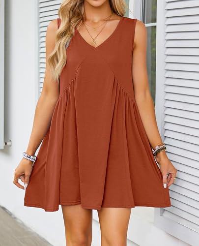 Image of Womens Babydoll Dress Summer Sleeveless Mini Dress Casual Loose V Neck Swing Flowy Beach Sundresses with Pockets