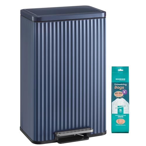 SONGMICS Kitchen Bin, 13 Gallon (50 L) Waste Bin with Pedal, Soft-Close Lid, and Removable Inner Bucket, Steel, 15 Rubbish Bags (Code K) Included, Midnight Blue LTB586QZ02