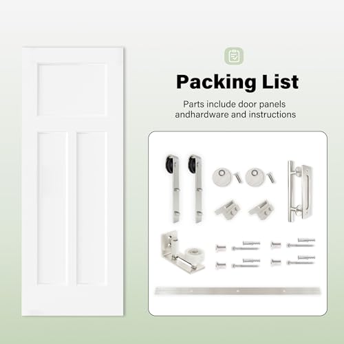 Image of 36 inch x 80 inch Presembled 3-Raised Molded Panel Barn Door with 72 inch Track Kit, Solid MDF Sliding Barn Door for Closet Kitchen Bedroom Pantry, Excellent Sound & Thermal Insulation, Nickel-Plated Hardware Kit