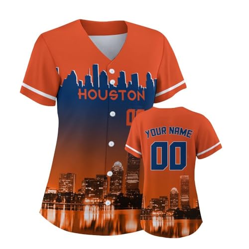 Generic Custom Women Baseball Jersey for Mom Fans Gifts City Skyline Night Scene Shirt, Personalized Name Number S-4XL Blue-Orange