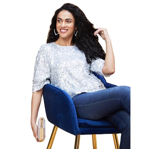 Image of Globus Women Black Embellished Round Neck Party Top-3639444001