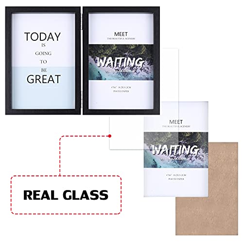 4X6 Double Picture Frame Wooden Hinged Photo Frame Definition Glass Stand Vertically On Desktop Or Tabletop Black #TOP2