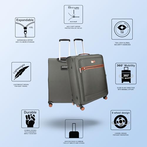 Image of F Gear Softair Medium Soft Luggage | Lightweight Expandable Carry-On Trolley Bag with 360 Spinner Wheels, Silent 8-Wheel System, Built-in TSA Lock, Anti-Theft Zipper & Luggage Tag (Grey)