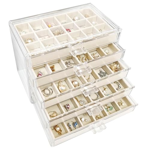 Kongming Boîte de rangement à bijoux en acrylique à 5 niveaux avec 5 tiroirs en velours avec plateaux amovibles pour le rangement de bijoux, colliers, bagues, boucles d'oreilles (beige)