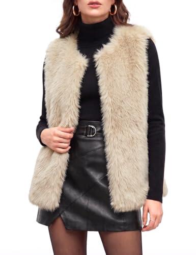 heekpek Gilet en Fausse Fourrure pour Femme Court Veste sans Manches Hiver Poilu Chaud Gilet Fausse Fourrure Élégante Automne Manteaux sans Manches Veste Ouverte avec Poches(Beige, M)