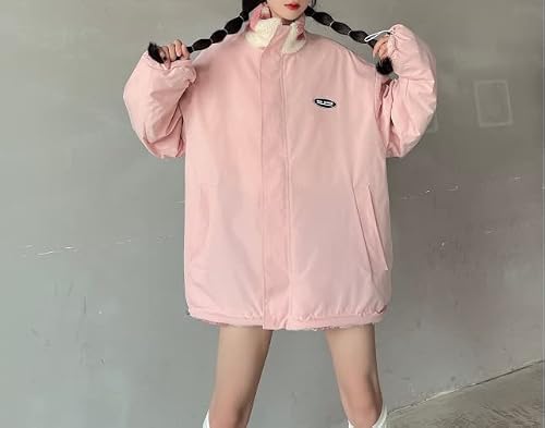Women's Fleece Sherpa Jackets Reversible Kawaii Heart Print Fuzzy Zip Up Coats Aesthetic Y2K Winter Oversized Outwear (Pink,Xl) #TOP5