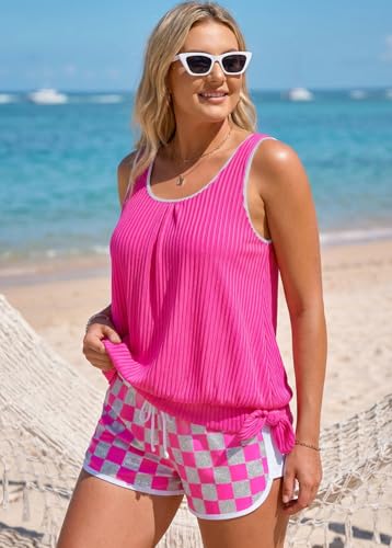 Image of ROSEWE Modest Tankini Swimsuits for Women, Two Piece Athletic Womens Bathing Suits Blouson Tank Tops with Board Shorts