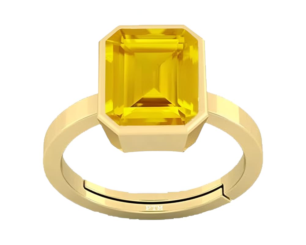 Natural Yellow Sapphire/Pukhraj 3.25 To 10.25 Ratti or 3 To 9.5 Carat Astrological Certified Gemstone/Square Shape Panchdhatu/5 Metals Gold Plated Adjustable Ring for Men & Women-image-49