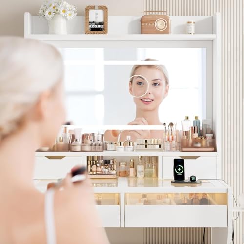 GarveeHome Vanity Desk with Mirror and Lights, Small Makeup Vanity Desk with Power Outlet&Glass Top, 3 Lighting Modes Brightness Adjustable, Bedroom Dressing Table with 7 Color Light Drawers, White