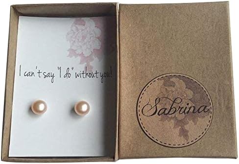 Bridesmaid proposal earring studs with personalized message, 9mm freshwater pearls with 925 sterling silver post
