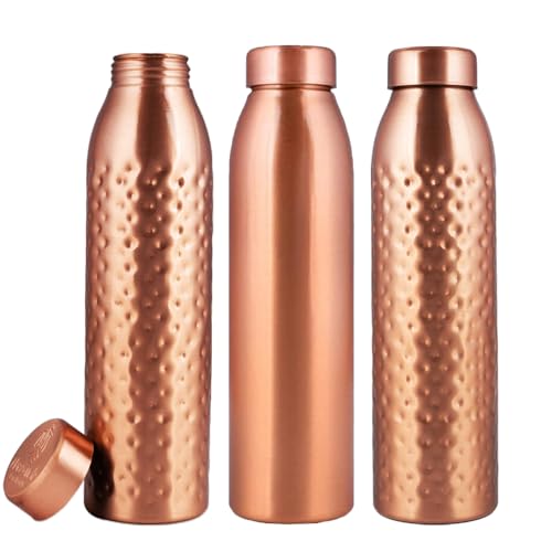 Image of NORMAN JR, Copper Water Bottle 1Liter - Gift Box of 3, Plain 1, Hammered 2, an Ayurvedic vessel made of pure copper - helps you drink more water with many health benefits