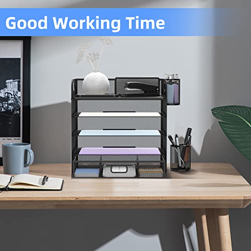 Supeasy 5-Trays Desktop File Organizer With Handle, Letter Tray Paper Organizer With Drawer And Pen Holders, Black Mesh Office Supplies File Holder, Desk Organizer For Office School Home #TOP6