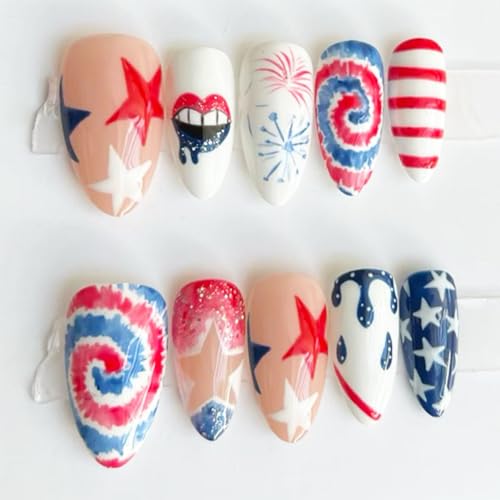 24Pcs 4th of July Press on Nails Medium Almond Fake Nails with Rh...