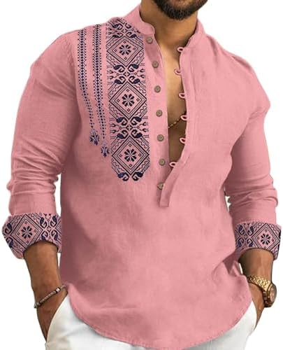 Kubsid Mens Henley Shirts Casual T Shirt Long Sleeve Banded Collar Button Down Vintage Beach Tops Pink L
