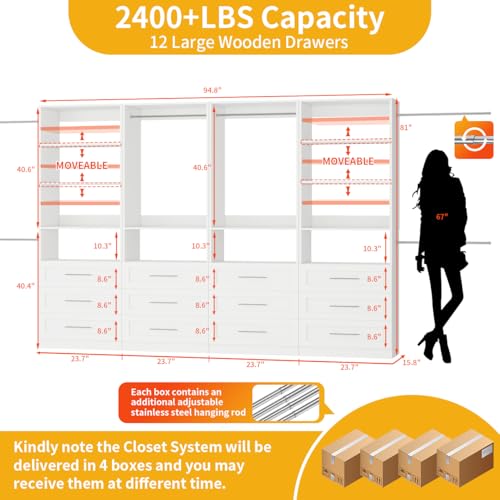 Image of Closet System with 12 Wooden Drawers, 8-21F Closet Organizer System, Walk-in Closet or Small Closet System with Shelves, Modular Closet Systems with 6 Expandable Hanging Rods, 4 Sets, White