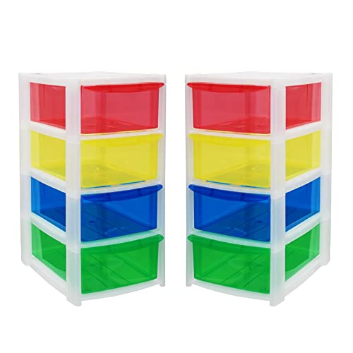 Small Plastic 4 Drawer Tower Storage Units - Semi Transparent Frosted White Towers with Red, Yellow, Blue and Green Drawers - 40cm (H) x 19cm (W) x 26.5cm (D) - Set of 2 Towers