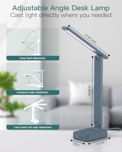 Image of Addtam LED Desk Lamp, Power Strip with 3 Outlets 4 USB Charging Ports(2 USBC), 4 Modes 5 Level Brightness Touch Lamp, Small Desk Lamp for Home Office College Dorm Room Essentials, Blue