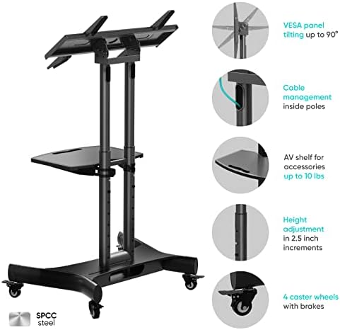 ONKRON Tilting Mobile TV Stand for 32"  70 Inch LCD LED OLED TV Screens & Touch Panels Rolling TV Cart on Wheels with Shelf TS1350 Black