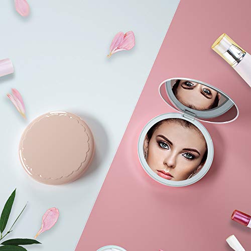 Aekegrep Led Lighted Travel Makeup Mirror, 1X/2X Magnification Compact Mirror, Compact, Portable 3.5 Inch Illuminated Folding Mirror, Handheld 2-Sided Mirror, Round (Pink) #TOP4