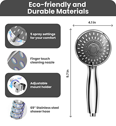 Filtered Shower Head With High Pressure, 5-Mode Handheld Shower Head With Filter, 3-Stage Mineral Hard Water Filter, Shower Stainless Steel Hose, Adjective Bracket, Teflon Tapes & Rubber Washers, 69In #TOP7
