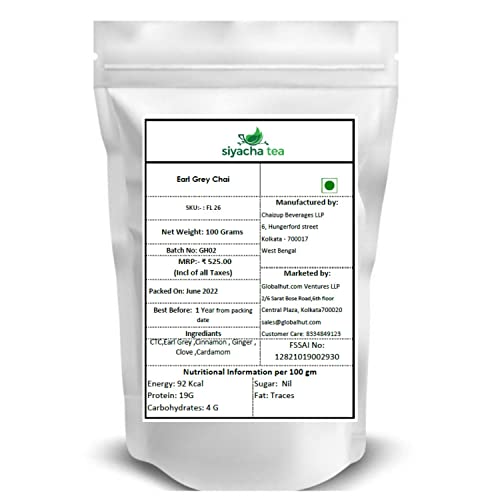 Image of Siyacha Tea Earl Grey Chai, 100 Grams, Fine Assam Black Tea with Natural Bergamot oil and Indian Aromatic Spice blend, Healthy Herbal Beverage Makes 50 Cups (approx)