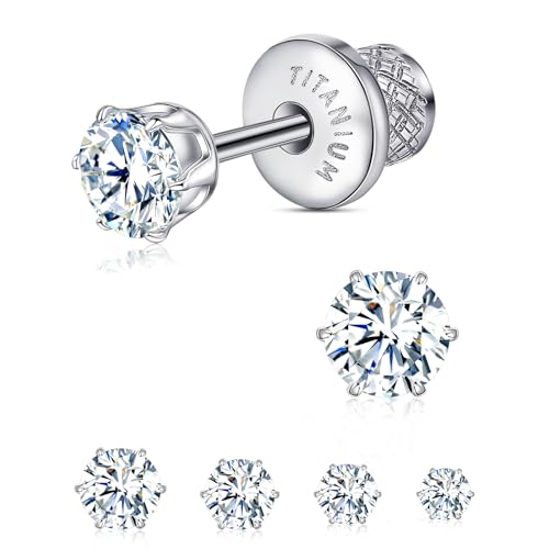 Limerencia Titanium Hypoallergenic Flat Back Earrings – 6 Prong White CZ Screw Back Studs | Implant Grade Titanium for Sensitive Ears | Nickel-Free, Pain-Free Sleep & Shower Wear | Stylish Gift for Women and Men