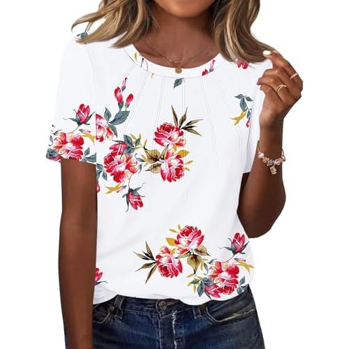 Kistore Womens Casual Crew Neck Short Sleeve Pleated Tops Blouses Fashion Clothes 2026 A2 Floral White Red Medium