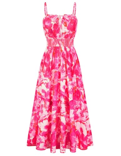 GRACE KARIN 2026 Women's Hawaiian Midi Sundress Summer Vacation Spaghetti Floral Clothes Boho Casual Dresses with Pockets Rose Red Floral M