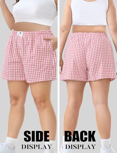 Image of COOTRY Plus Size Women Boxer Shorts Cotton Plaid Gingham Shorts Casual Pajama Sleep Shorts Y2K Beach Bottoms