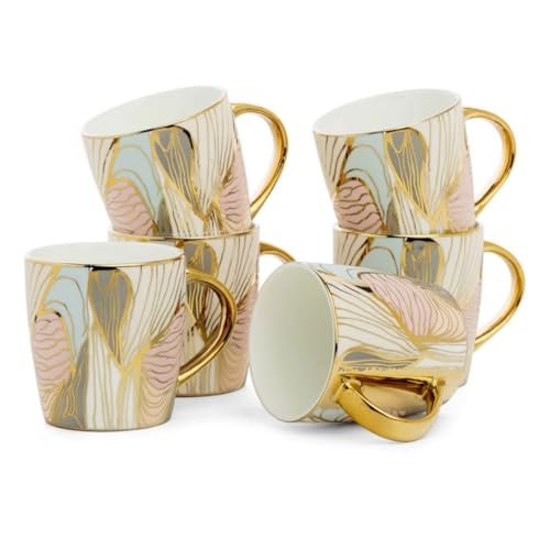 Image of Clay Craft Fine Ceramic Tea Cups Set of 6| 140 Ml Gold Print Cups with Handle | Elegant Design for Tea| Coffee| Home| Office & Gifting