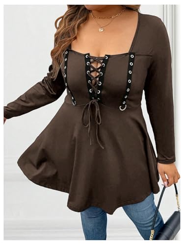 Image of SOLY HUX Women's Plus Size Peplum Tops Lace Up Square Neck Long Sleeve Ruffle Hem Tee Flowy Casual T Shirt
