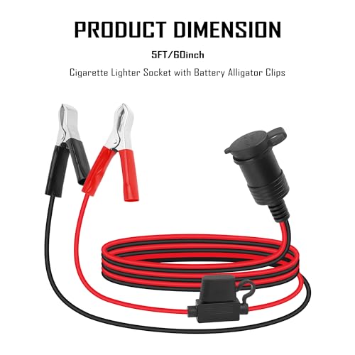 Image of 12V Cigarette Lighter Socket Replacement with 5Ft Extension Cord & Battery Alligator Clips,Universal Car Cigarette Lighter Outlet Female Cigarette Lighter Socket with 15A Fuse (5Ft)